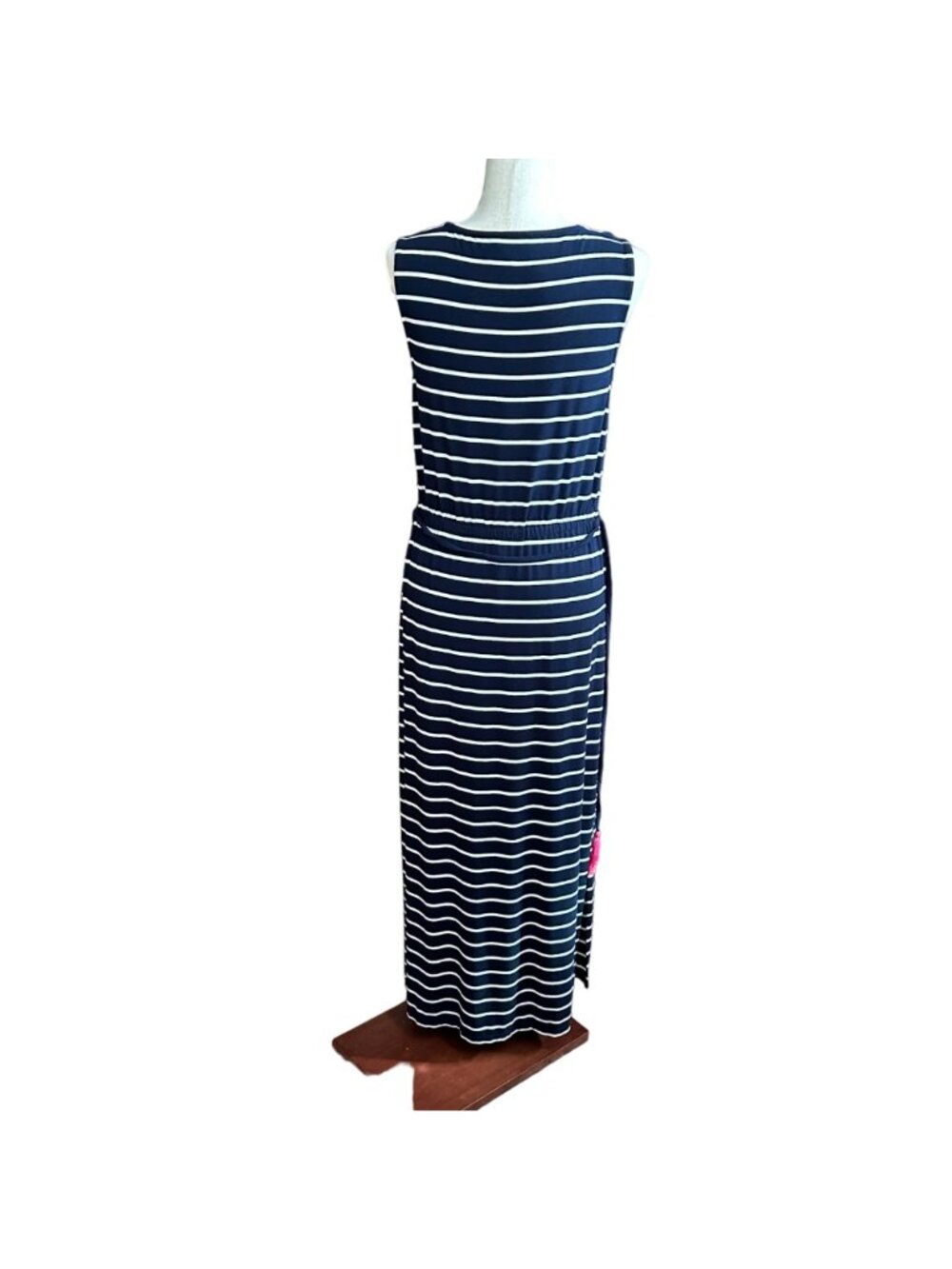 Talbots Dress Women M Petite Navy Blue White Striped Pink Embroidered Maxi Dress - Picture 5 of 16